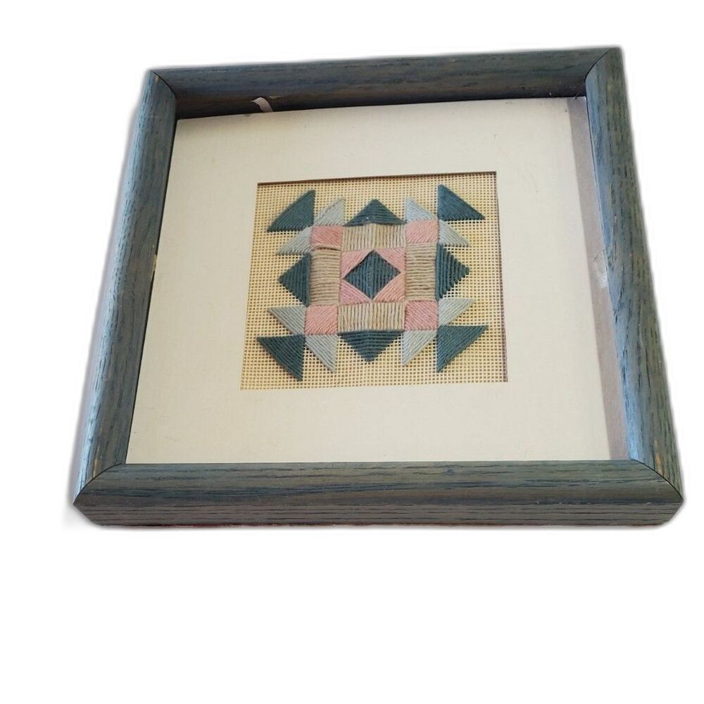 1980's Creative Circle Geometric hand stitched Picture and Blue Frame ~Vintage~